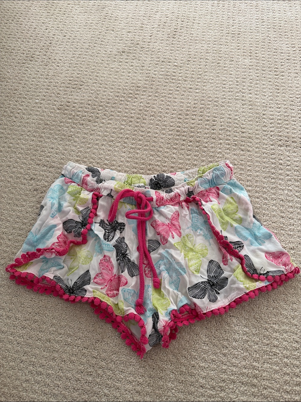 PJ Salvage White Butterfly Print Pom-Pom Trim Shorts with Pink Drawstring